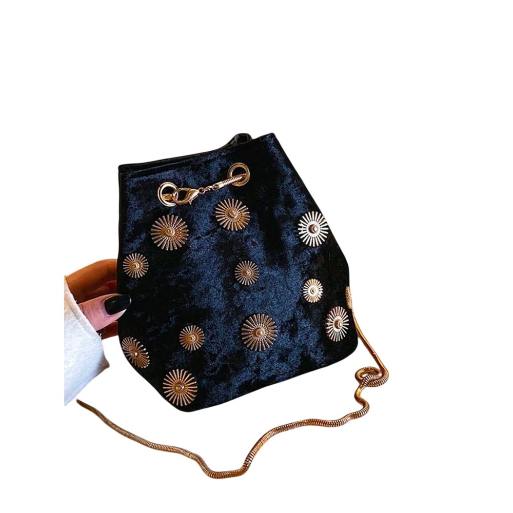 Black Velvet Drawstring Bucket Bag Gold Sunburst Embellishments Chain Strap